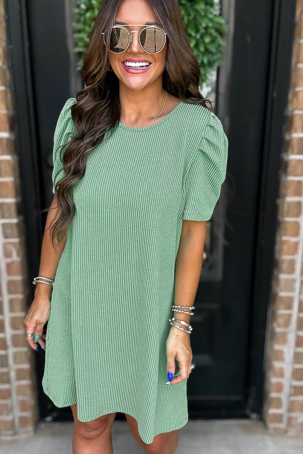 Mint Green Corded Knit Crew Neck Puff Sleeve Shift Mini Dress-TOPS / DRESSES-[Adult]-[Female]-2022 Online Blue Zone Planet