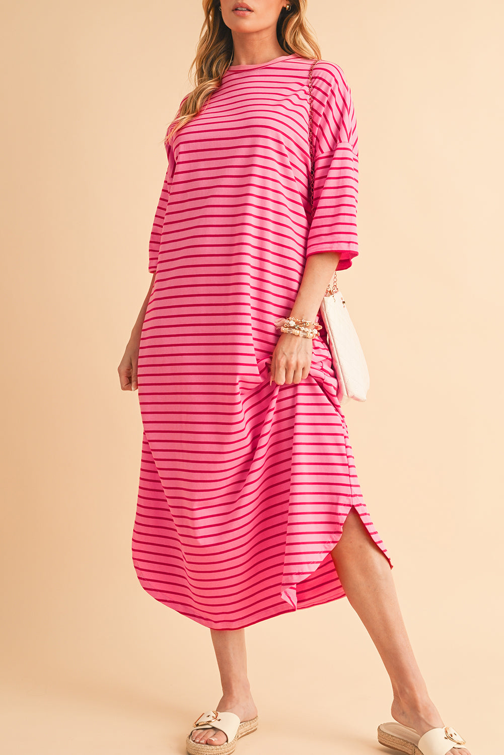 Strawberry Pink Striped Drop Sleeve Loose Dress-Maxi Dresses-[Adult]-[Female]-2022 Online Blue Zone Planet