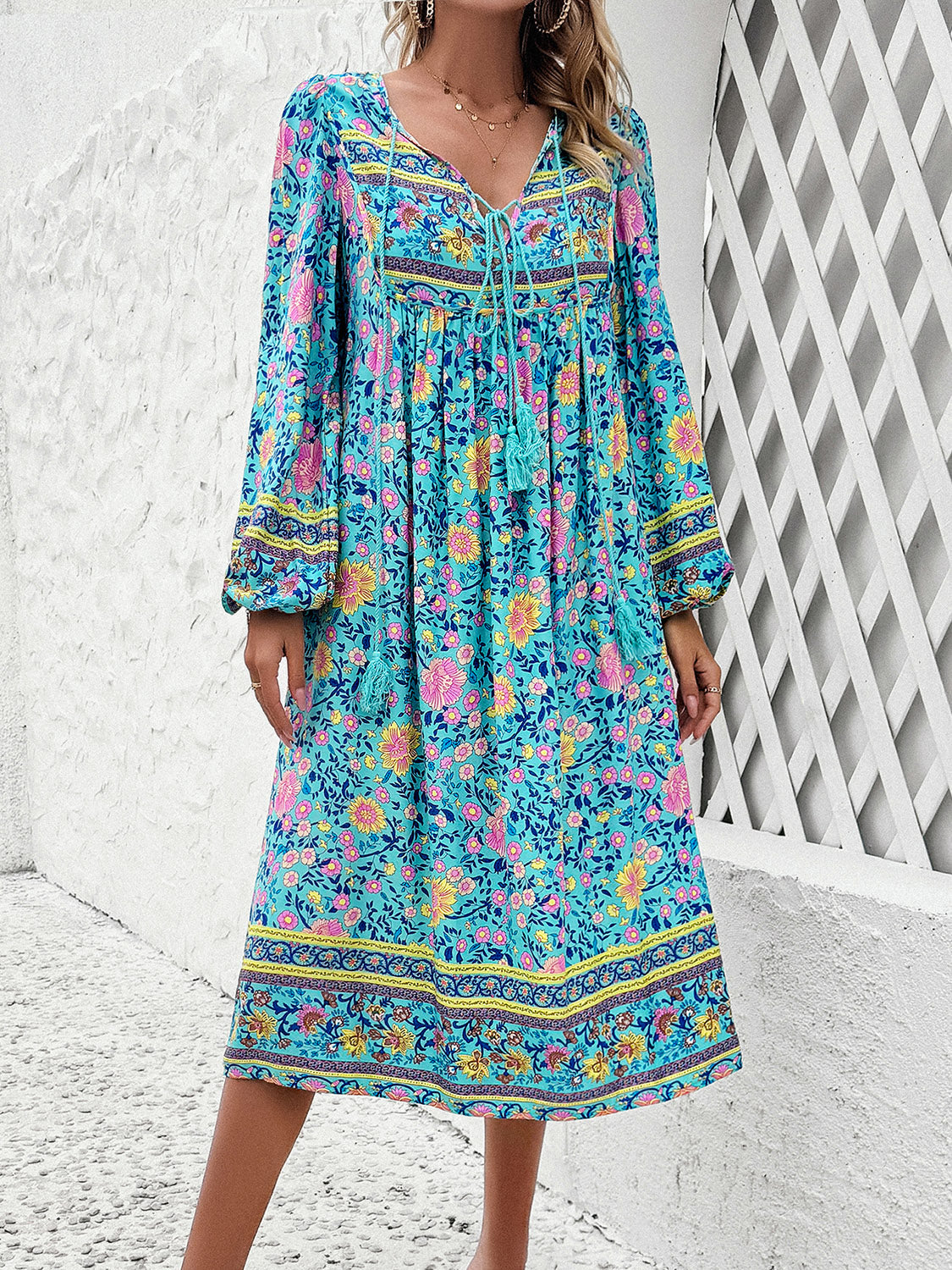 Raven's Tassel Tied Boho Printed Long Sleeve Midi Dress BLUE ZONE PLANET