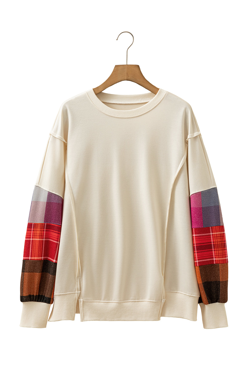 Beige Contrast Plaid Long Sleeve Exposed Seam Patchwork Top-Tops/Long Sleeve Tops-[Adult]-[Female]-2022 Online Blue Zone Planet