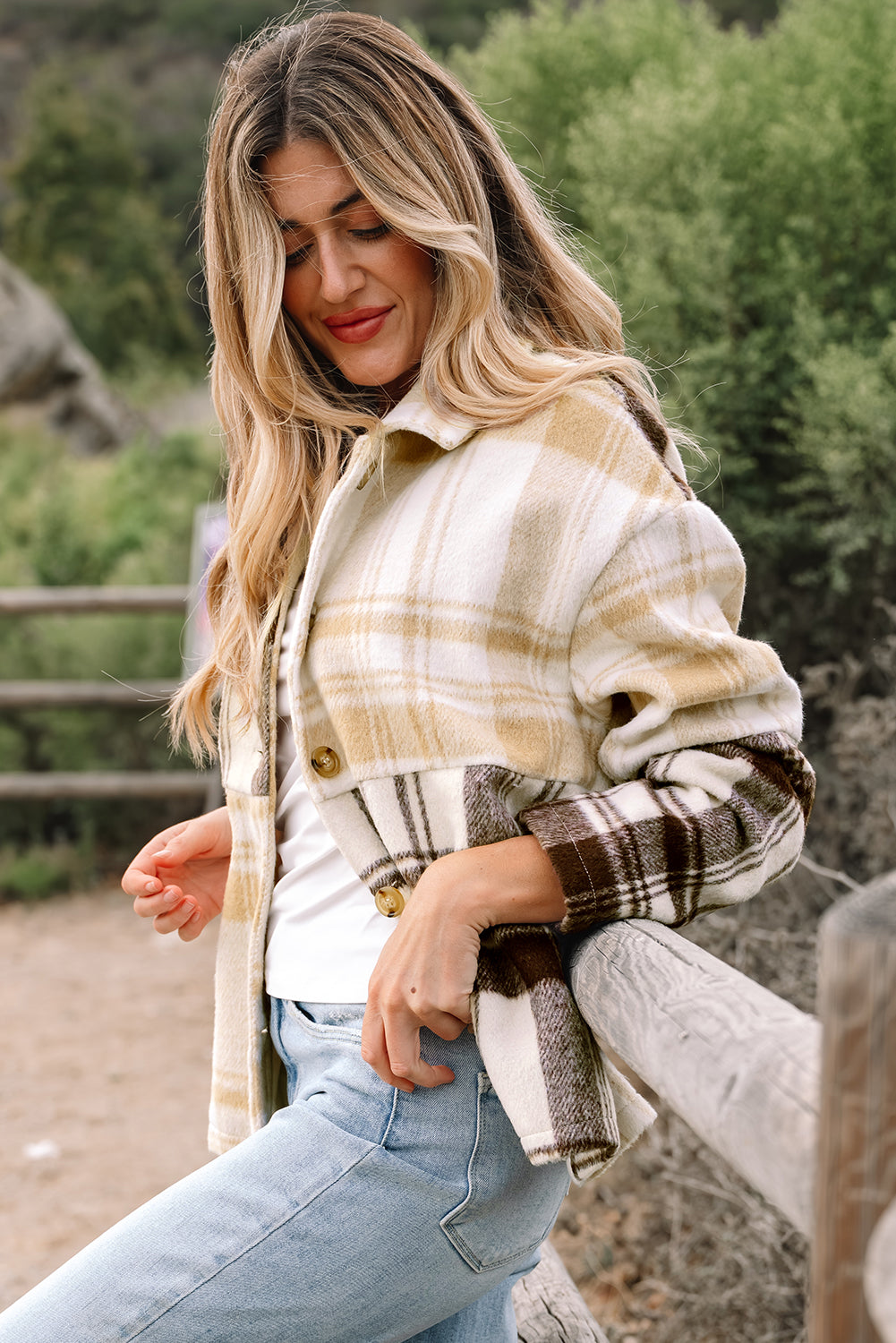 Multicolour Plaid Patchwork Side Pockets Buttoned Shacket-Outerwear/Plaid Shackets-[Adult]-[Female]-2022 Online Blue Zone Planet