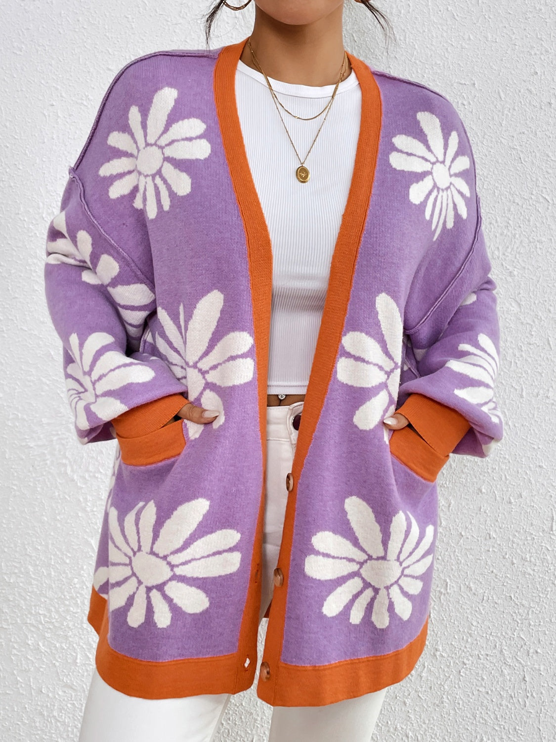 Contrast Dropped Shoulder Long Sleeve Cardigan-TOPS / DRESSES-[Adult]-[Female]-Lavender-S-2022 Online Blue Zone Planet