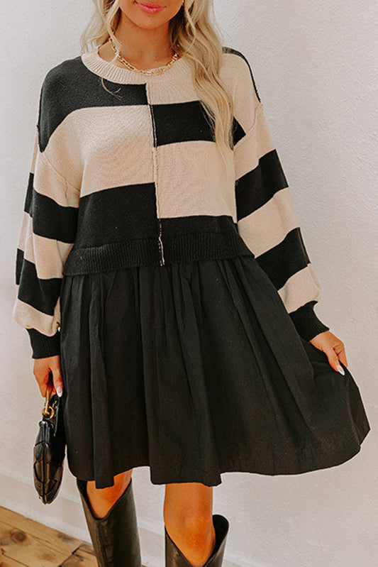 Black Stripe Two in One Knitted Top High Waist Splicing Hem Sweater Dress-TOPS / DRESSES-[Adult]-[Female]-2022 Online Blue Zone Planet