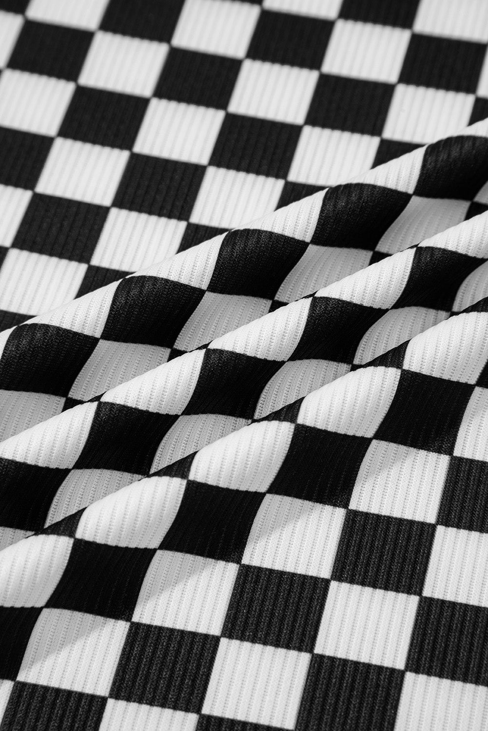 Black Checkered Ribbed Slim Fit Crew Neck T Shirt-Tops/Tops & Tees-[Adult]-[Female]-2022 Online Blue Zone Planet