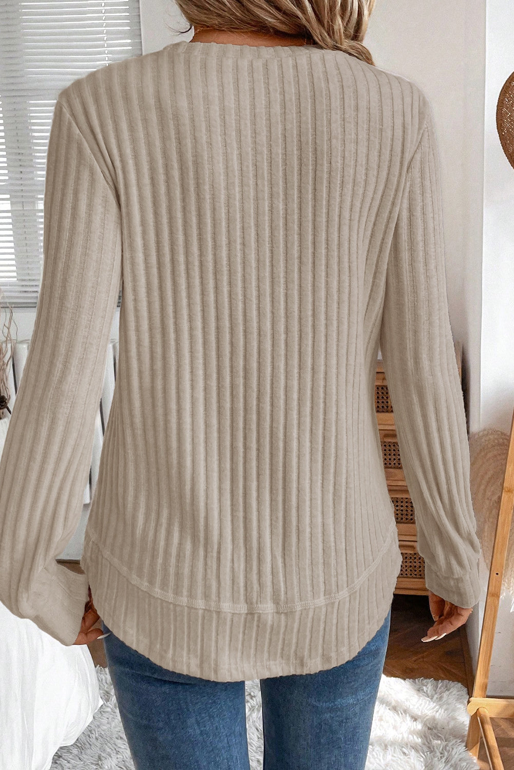Jet Stream Ribbed Texture Round Neck Long Sleeve Rounded Hem Knit Top-Tops/Long Sleeve Tops-[Adult]-[Female]-2022 Online Blue Zone Planet