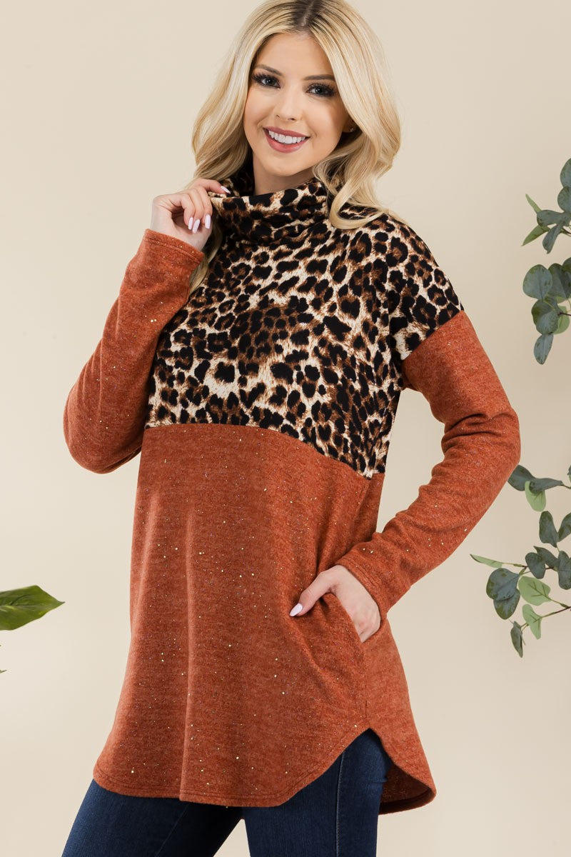 Blue Zone Planet | Celeste Full Size Curved Hem Leopard Turtleneck Long Sleeve Blouse-TOPS / DRESSES-[Adult]-[Female]-2022 Online Blue Zone Planet