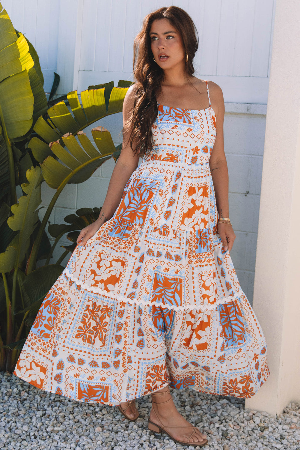 Orange Multi Printed Ricrac Trim Spaghetti Straps Maxi Dress-TOPS / DRESSES-[Adult]-[Female]-2022 Online Blue Zone Planet