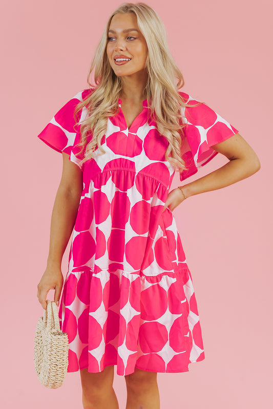 Rose Polka Dot Flutter Sleeve Notched Neck Tiered Flowy Dress-TOPS / DRESSES-[Adult]-[Female]-Rose-S-2022 Online Blue Zone Planet