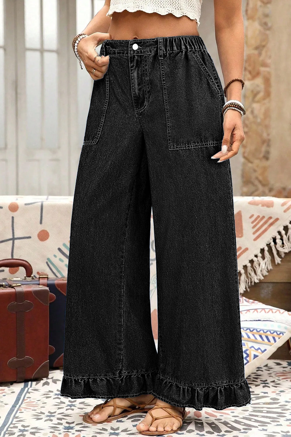 Black Plus Size Elastic Waist Ruffled Wide Leg Denim Pants-Plus Size/Plus Size Bottoms-[Adult]-[Female]-Black-L-2022 Online Blue Zone Planet