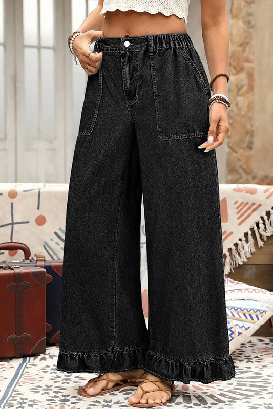 Black Plus Size Elastic Waist Ruffled Wide Leg Denim Pants-Plus Size/Plus Size Bottoms-[Adult]-[Female]-Black-L-2022 Online Blue Zone Planet
