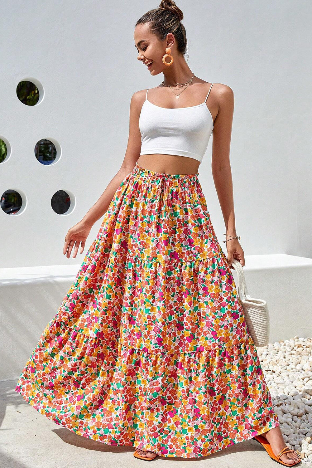 Yellow Boho Floral Print Tiered Long Skirt-Bottoms/Skirts & Petticoat-[Adult]-[Female]-2022 Online Blue Zone Planet