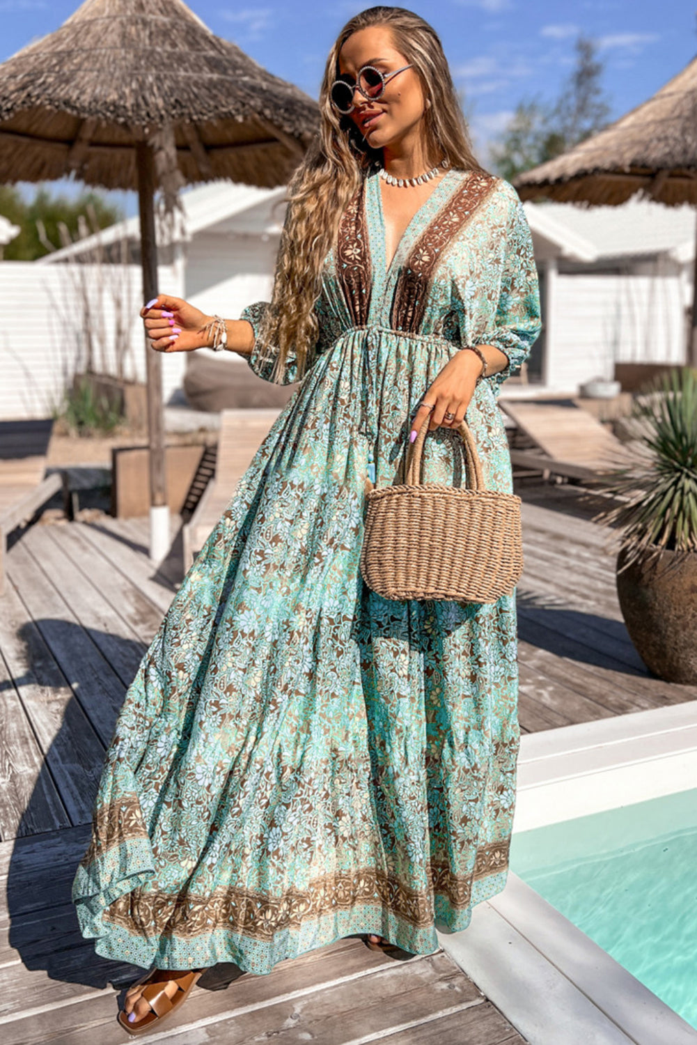 Green Boho Floral Print Lace-up Open Back High Waist Maxi Dress-Dresses/Floral Dresses-[Adult]-[Female]-2022 Online Blue Zone Planet