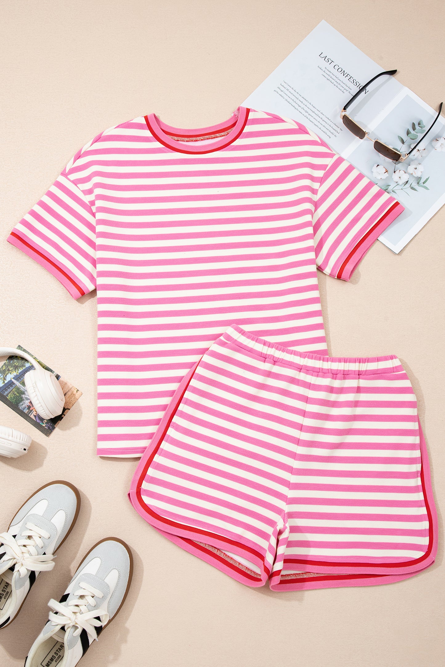 Pink Stripe Contrast Trim Short Sleeve Top Loose Shorts 2pcs Casual Outfit-Two Piece Sets/Short Sets-[Adult]-[Female]-2022 Online Blue Zone Planet