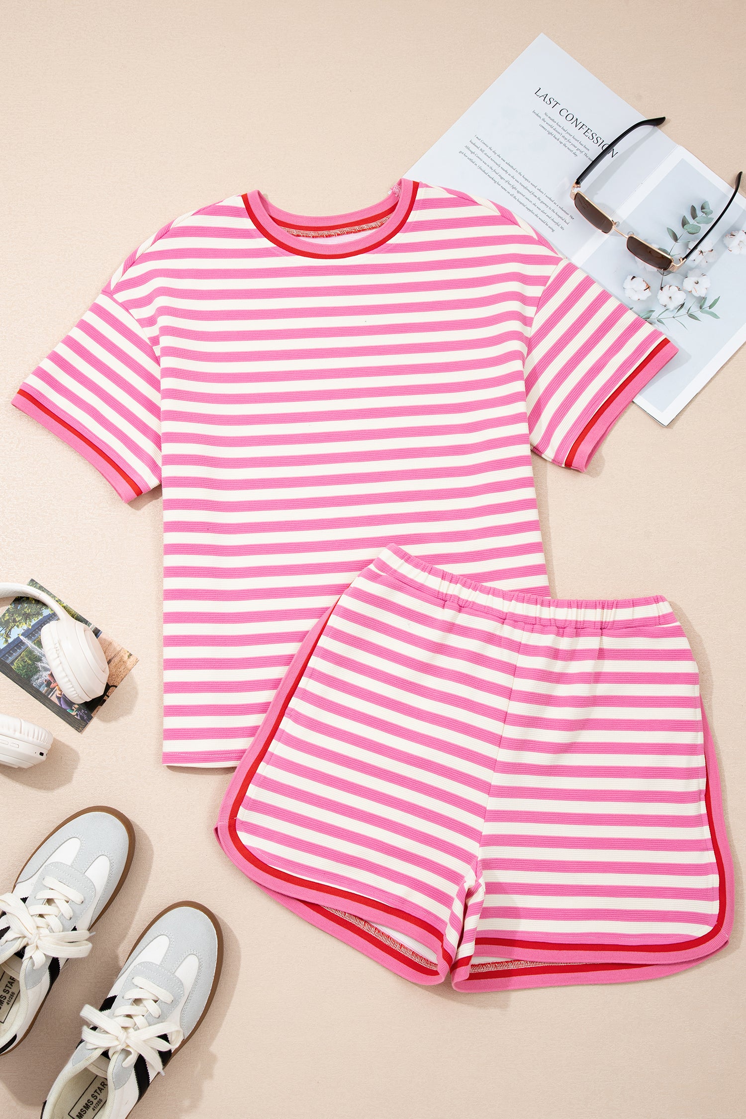 Pink Stripe Contrast Trim Short Sleeve Top Loose Shorts 2pcs Casual Outfit-Two Piece Sets/Short Sets-[Adult]-[Female]-2022 Online Blue Zone Planet