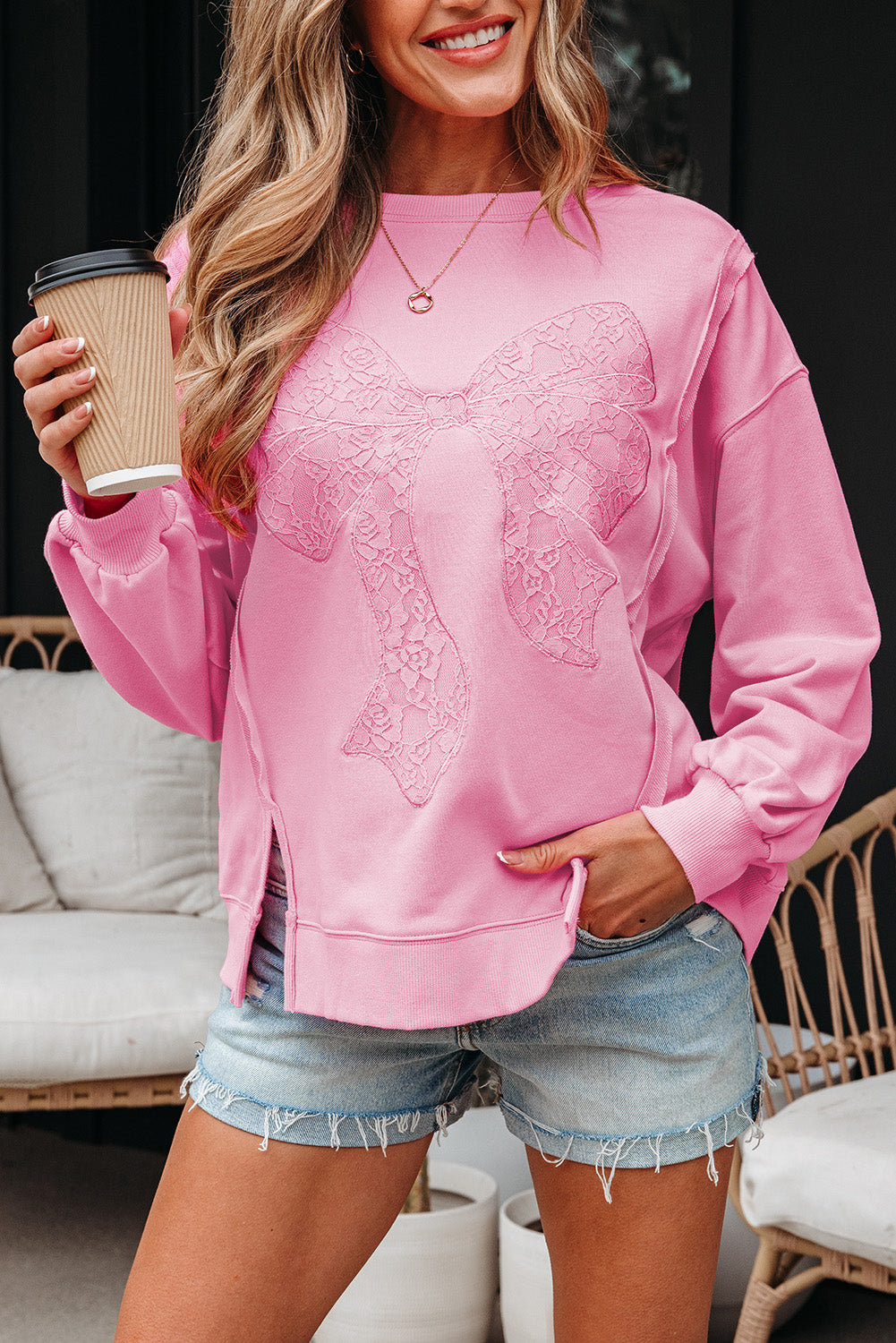 Bonbon Lace Insert Bow Embroidered Exposed Seam Sweatshirt-Tops/Sweatshirts & Hoodies-[Adult]-[Female]-2022 Online Blue Zone Planet