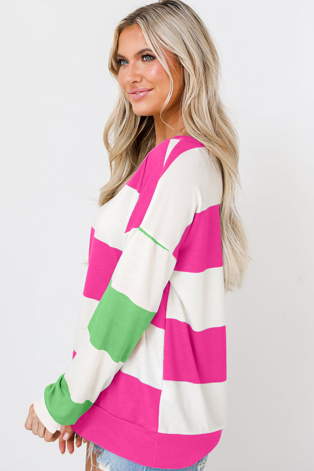 Rose Red Colorblock Striped Drop Shoulder Long Sleeve Top-Tops/Long Sleeve Tops-[Adult]-[Female]-2022 Online Blue Zone Planet