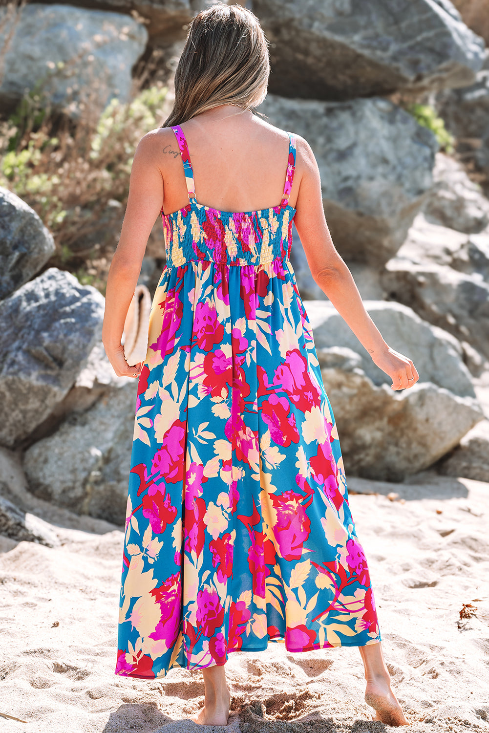 Dark Blue Floral High Waist Sleeveless Flared Long Dress-TOPS / DRESSES-[Adult]-[Female]-2022 Online Blue Zone Planet