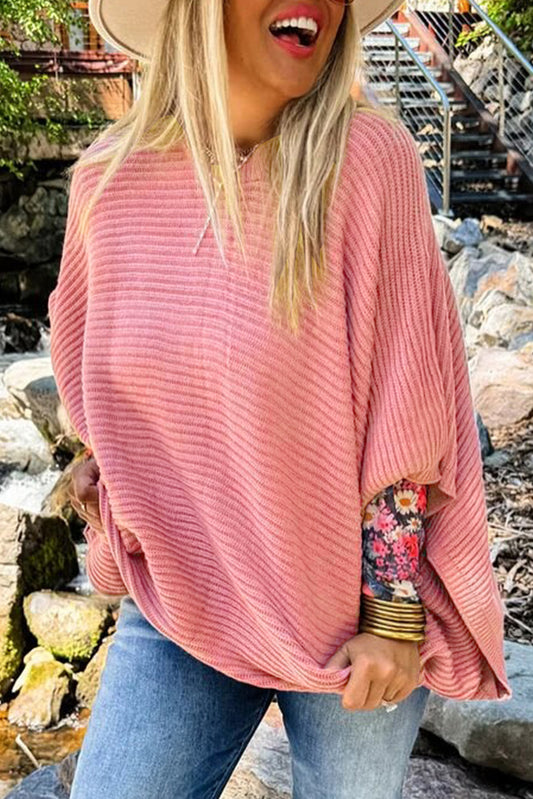 Light Pink Ribbed Knit Half Sleeve Plus Size Poncho Style Sweater-Plus Size/Plus Size Sweaters & Cardigans-[Adult]-[Female]-Light Pink-1X-2022 Online Blue Zone Planet