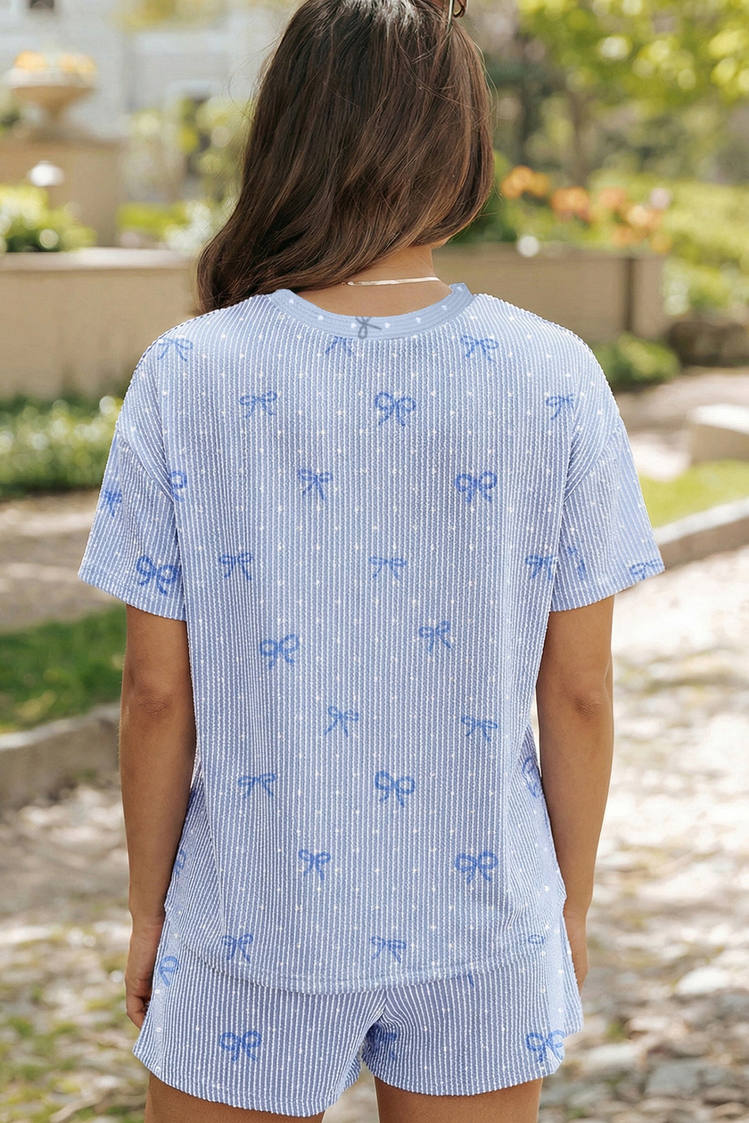 Sky Blue Tiny Heart Bow Print Twisted Rib Loose 2pcs Short Set-Two Piece Sets/Short Sets-[Adult]-[Female]-2022 Online Blue Zone Planet