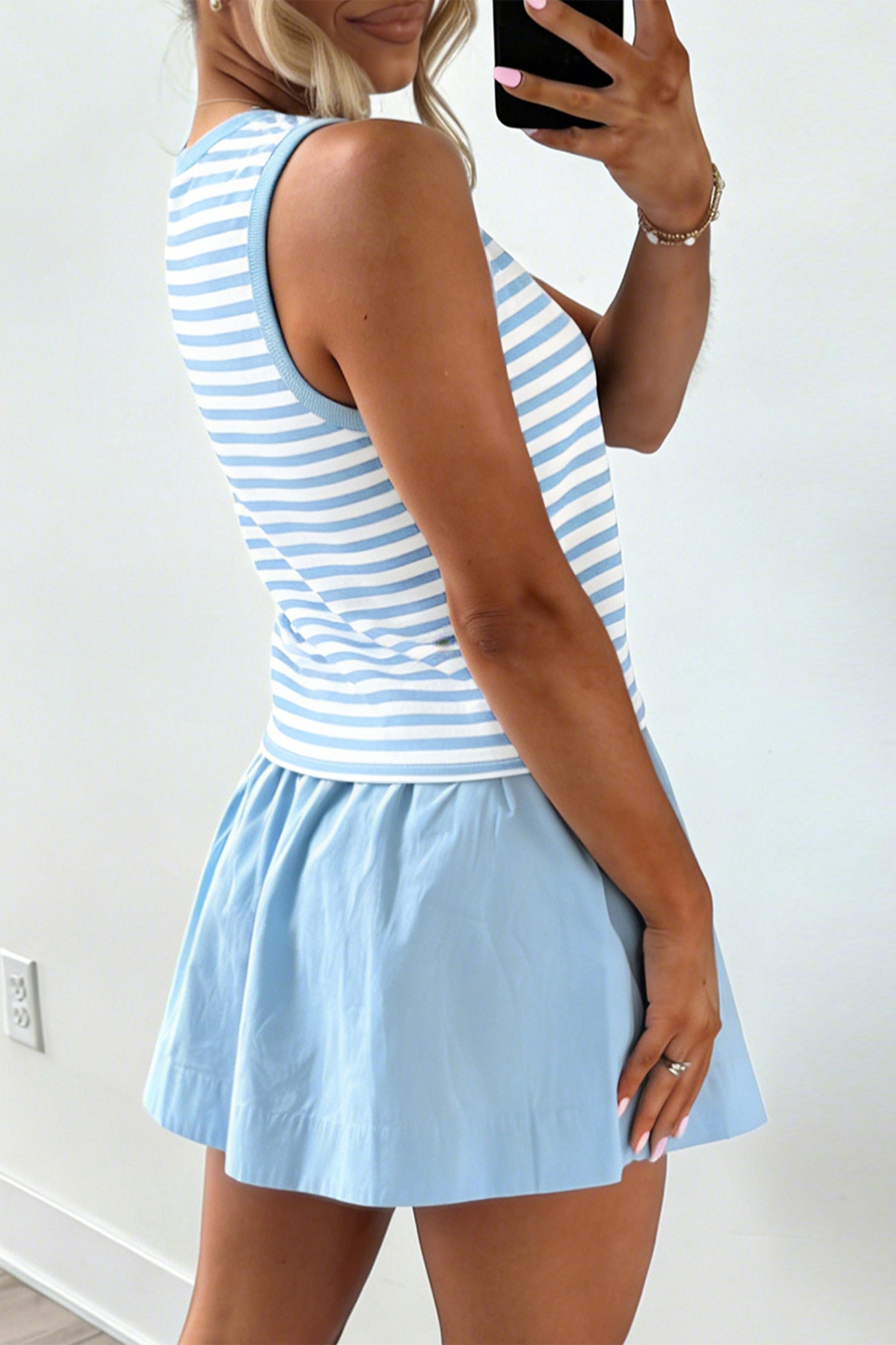 Sky Blue Stripe Slim Tank Contrast Ruffle Mini Skirt Set-Two Piece Sets/Two Piece Dresses-[Adult]-[Female]-2022 Online Blue Zone Planet