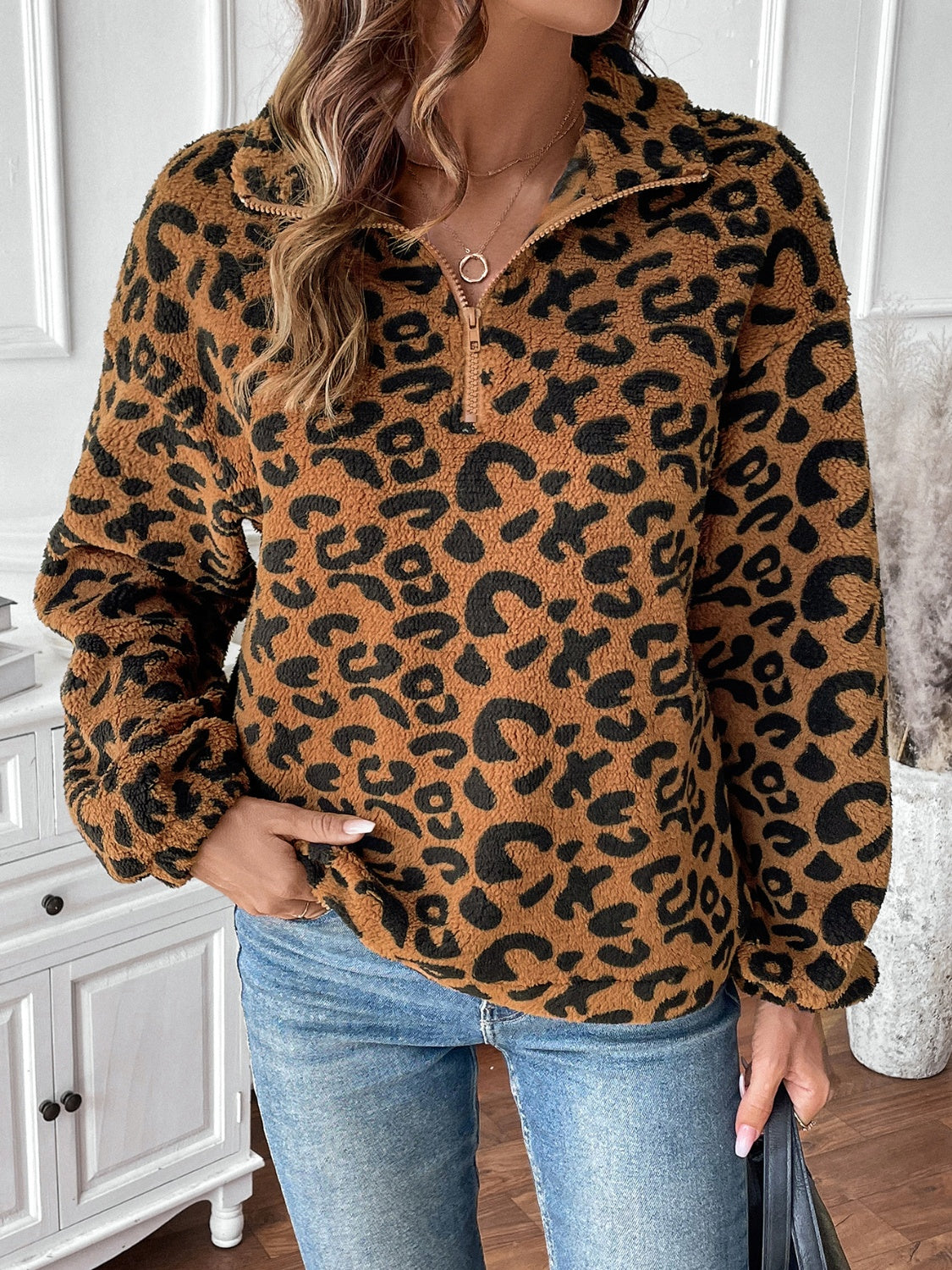 Leopard Half Zip Long Sleeve Sweatshirt-TOPS / DRESSES-[Adult]-[Female]-Brown-S-2022 Online Blue Zone Planet