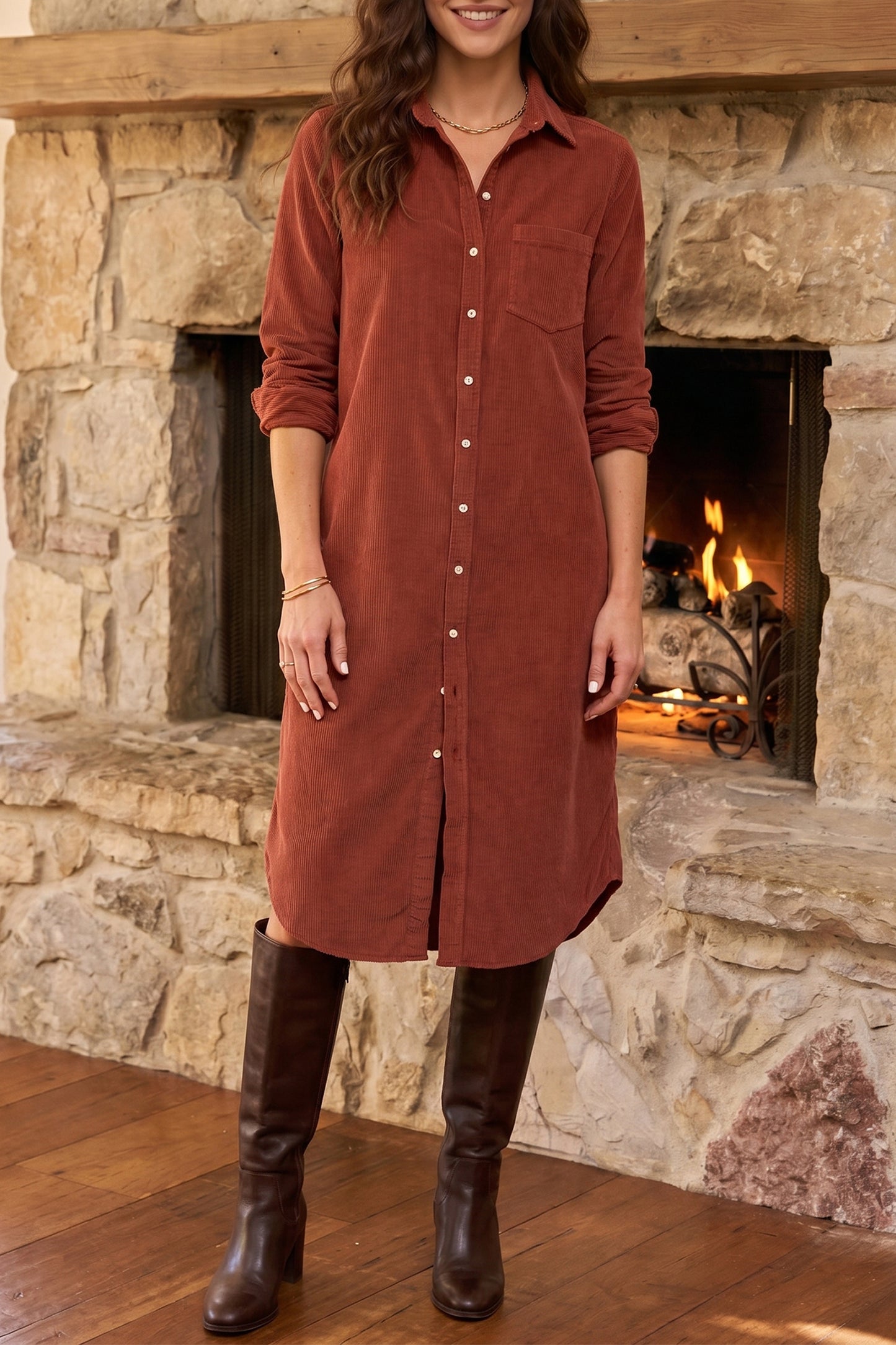 Clay Long Sleeve Button Down Corduroy Midi Length One Piece Dress-TOPS / DRESSES-[Adult]-[Female]-Clay-S-2022 Online Blue Zone Planet