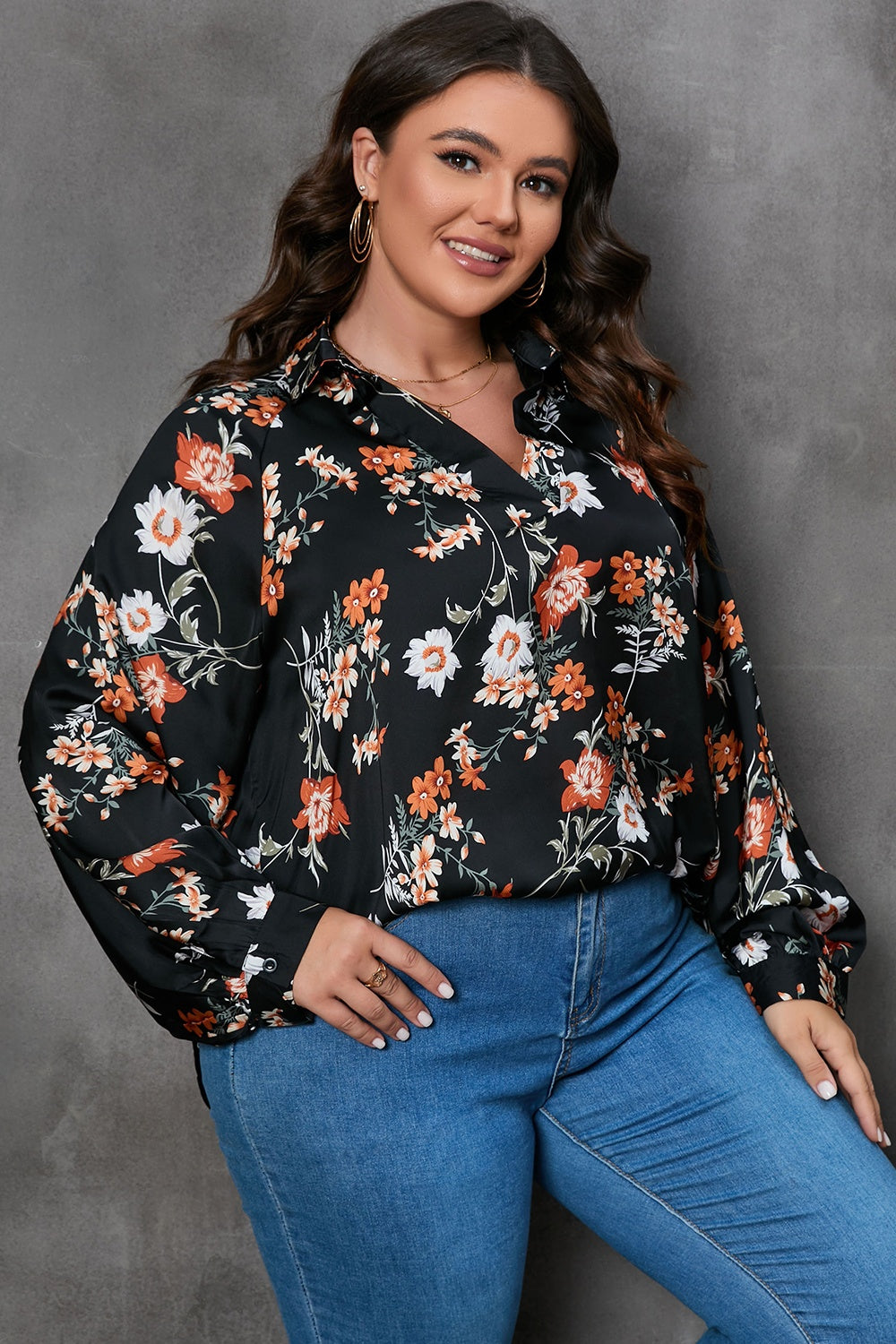 Plus Size Printed Johnny Collar Long Sleeve Blouse-TOPS / DRESSES-[Adult]-[Female]-2022 Online Blue Zone Planet