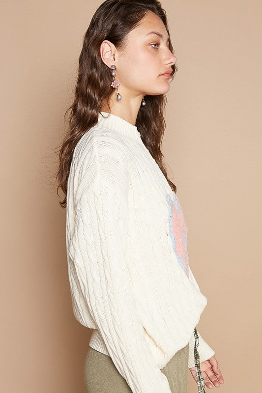 POL Cable-Knit Peace Patch Dropped Shoulder Sweater-[Adult]-[Female]-2022 Online Blue Zone Planet