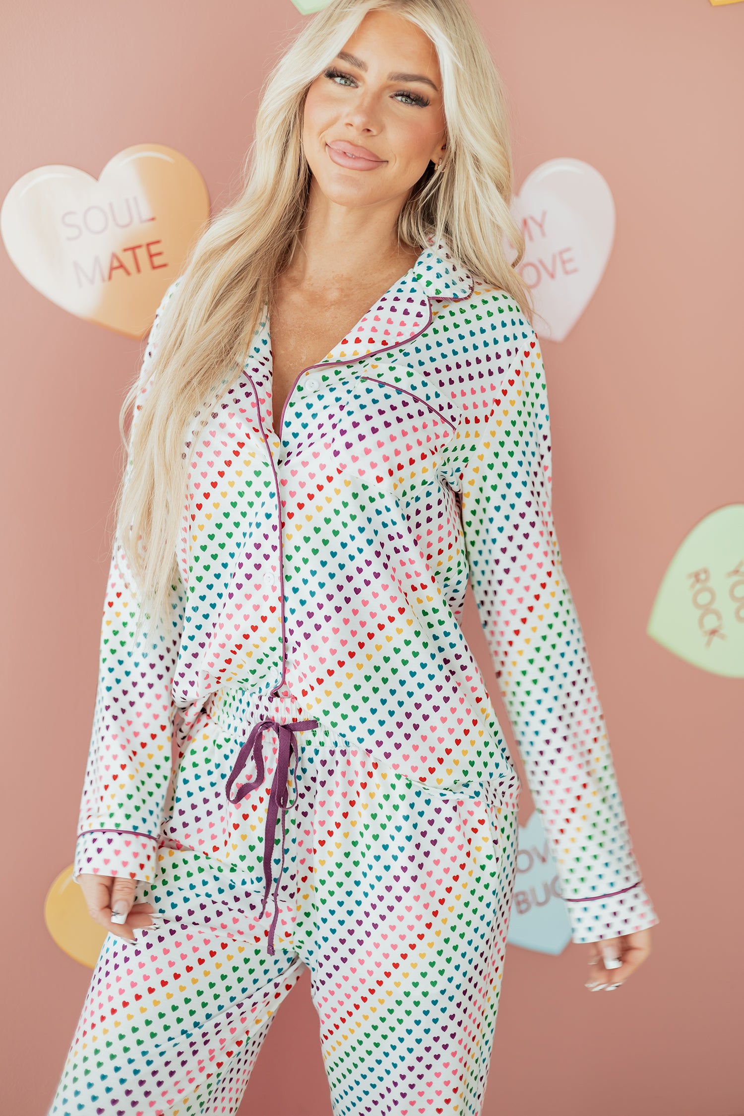 White Pride Heart Print Valentines Long 2pcs Pajama Set-Loungewear & Sleepwear/Sleepwear-[Adult]-[Female]-2022 Online Blue Zone Planet