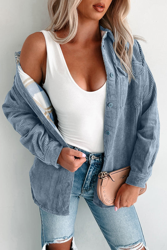 Stone Blue Plaid Corduroy Reversible Button Up Shacket-Outerwear/Plaid Shackets-[Adult]-[Female]-Stone Blue-S-2022 Online Blue Zone Planet