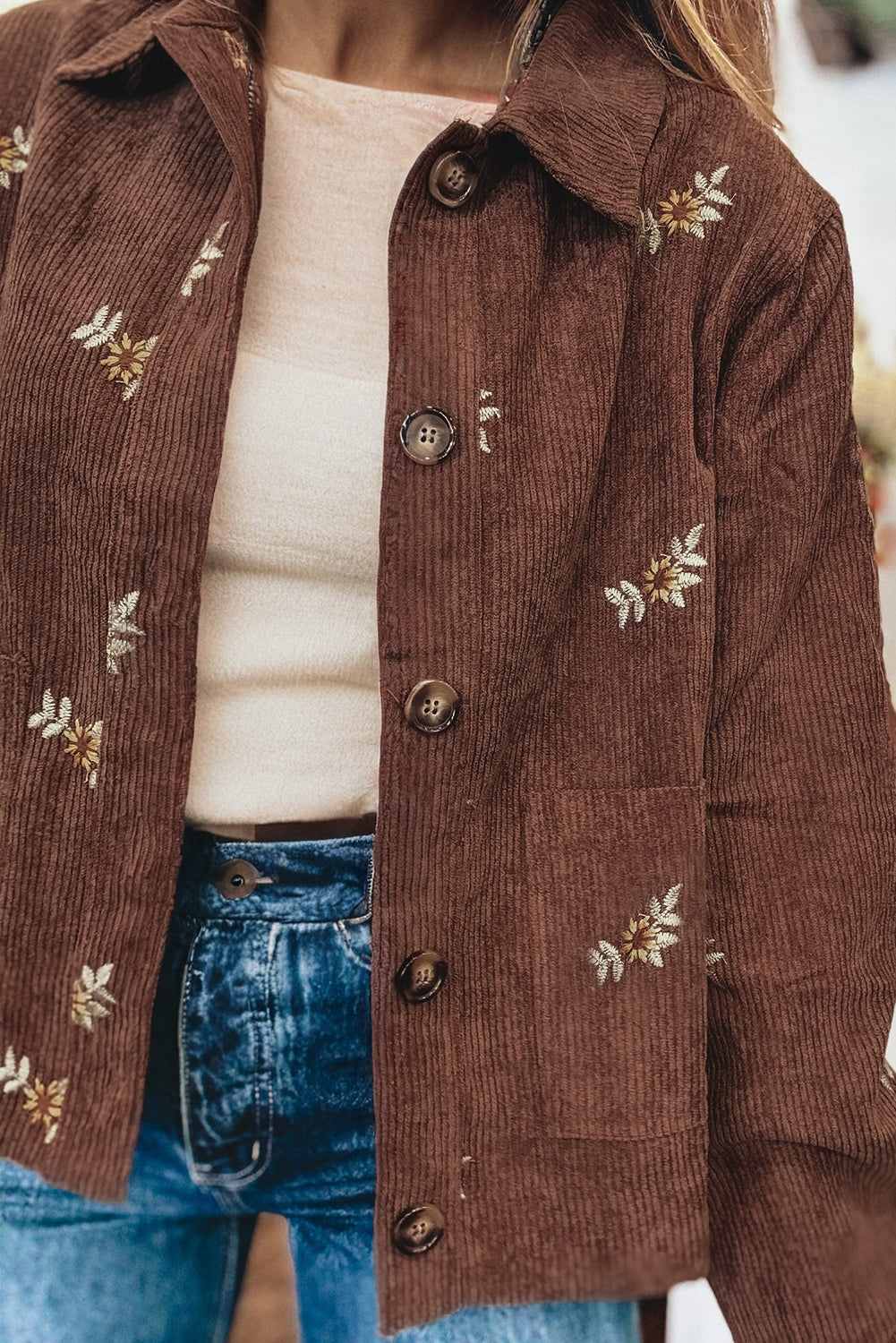 Coffee Floral Embroidered Collar Button Front Corduroy Jacket With Pocket-Outerwear/Jackets-[Adult]-[Female]-2022 Online Blue Zone Planet