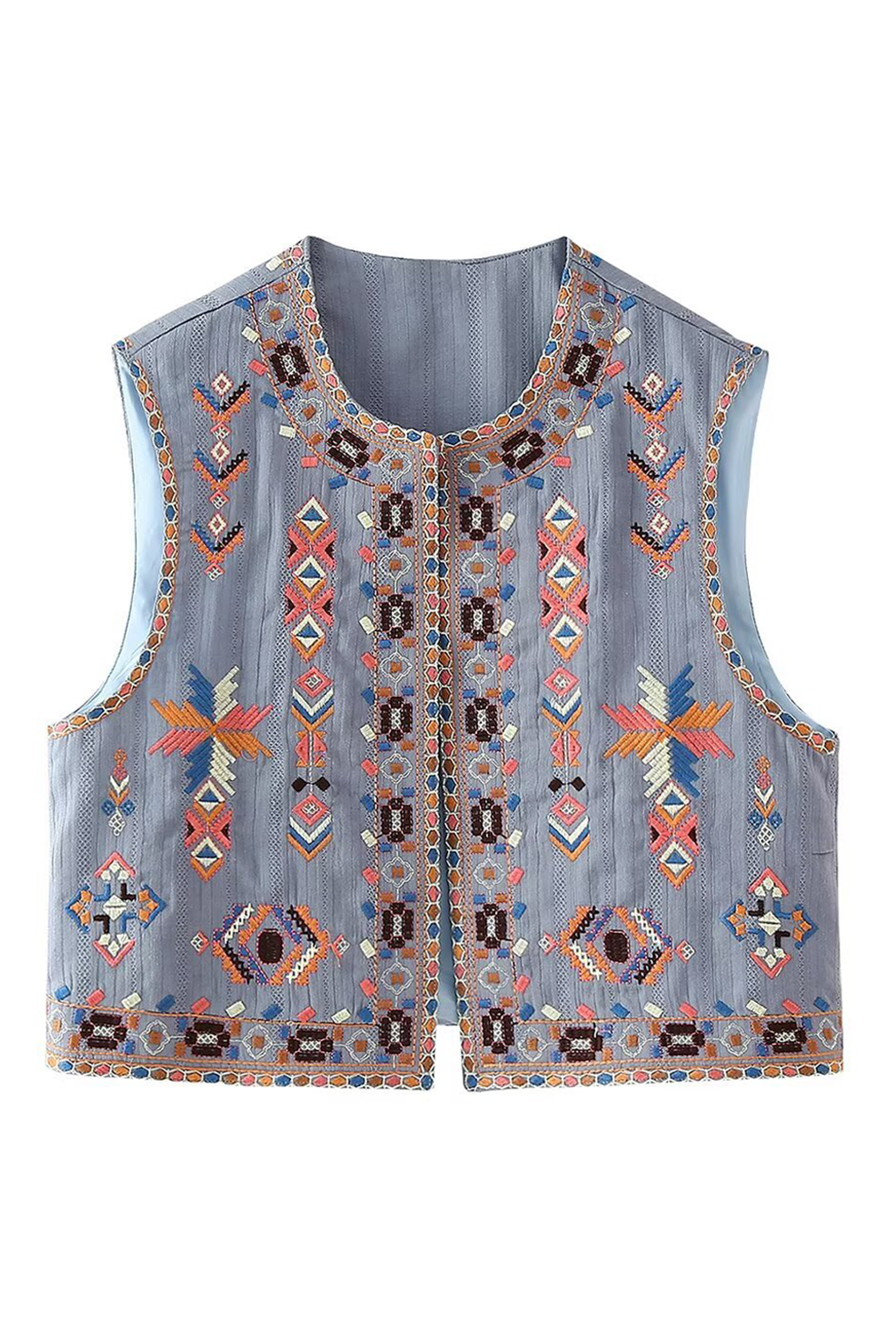 Sky Blue Geometric Embroidered Open Front Vest-Coats-[Adult]-[Female]-2022 Online Blue Zone Planet