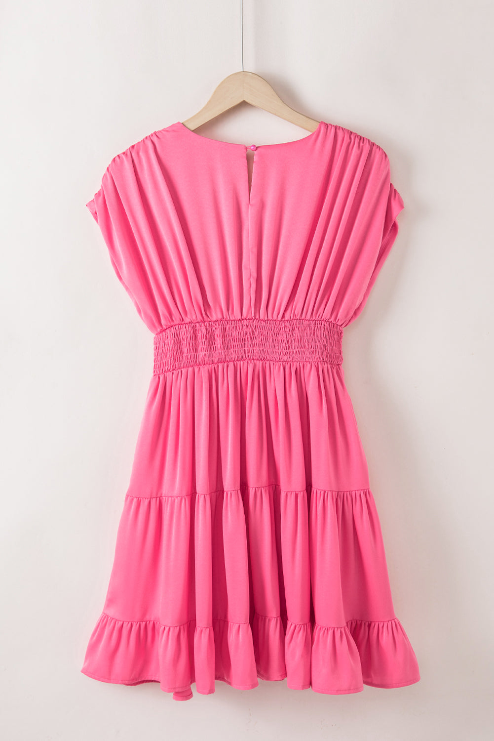 Strawberry Pink Ruched Sleeve V Neck Smock Waist Tiered Ruffled Dress Blue Zone Planet