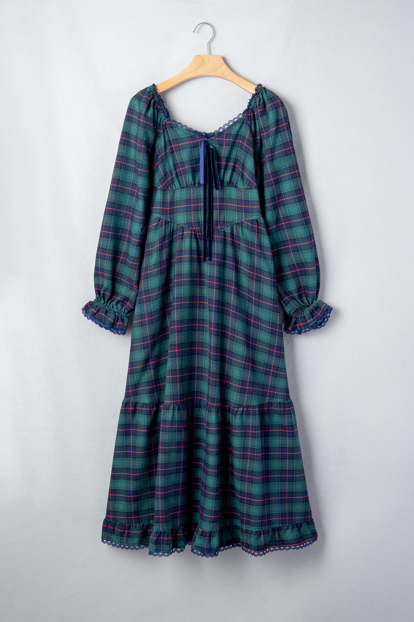 Green Vintage Plaid Square Neck Lace Trim Long Sleeve Shift Dress-TOPS / DRESSES-[Adult]-[Female]-2022 Online Blue Zone Planet