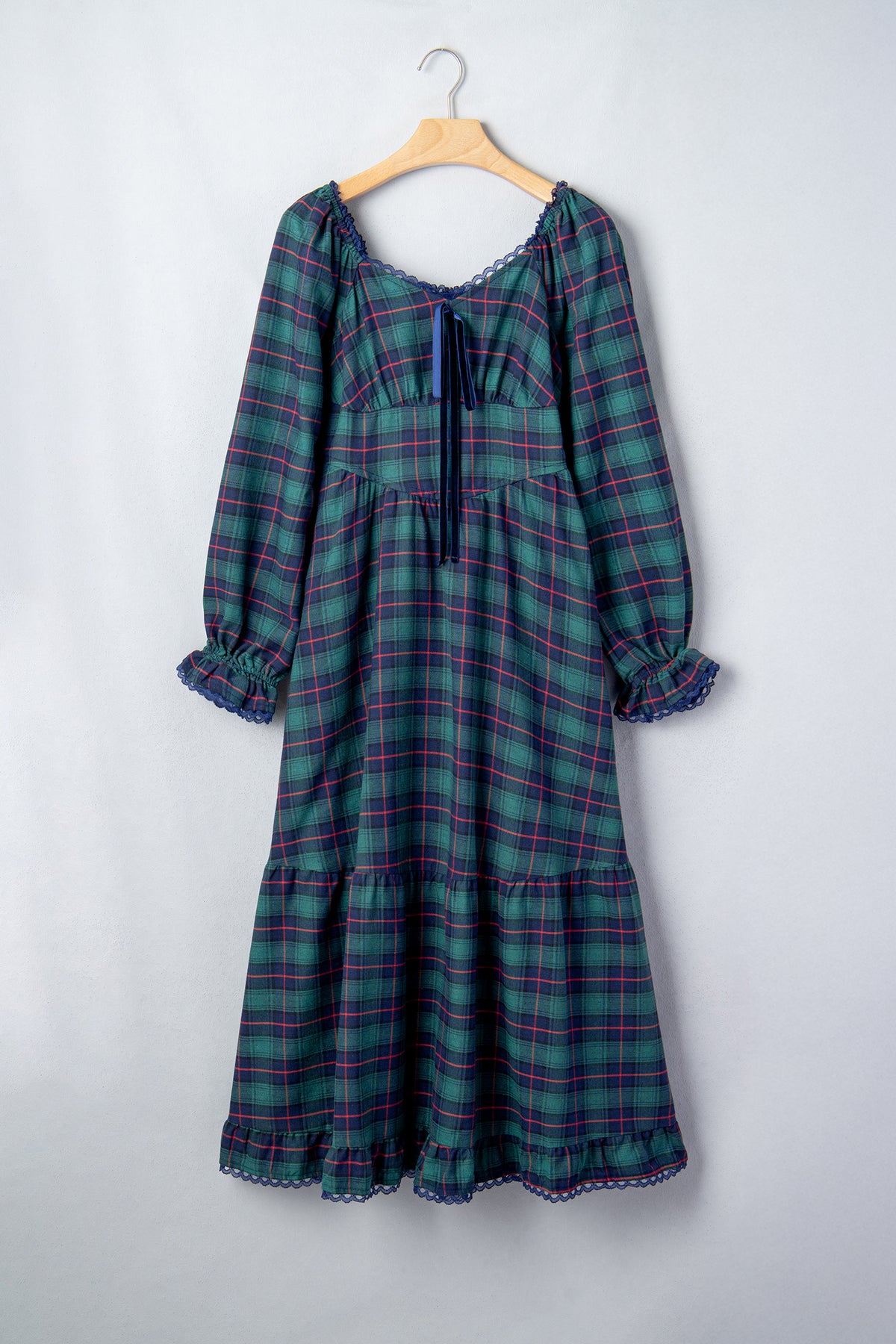 Green Vintage Plaid Square Neck Lace Trim Long Sleeve Shift Dress-TOPS / DRESSES-[Adult]-[Female]-2022 Online Blue Zone Planet