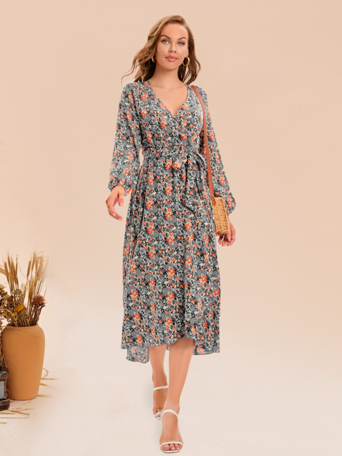 Full Size Printed Surplice Long Sleeve Dress BLUE ZONE PLANET