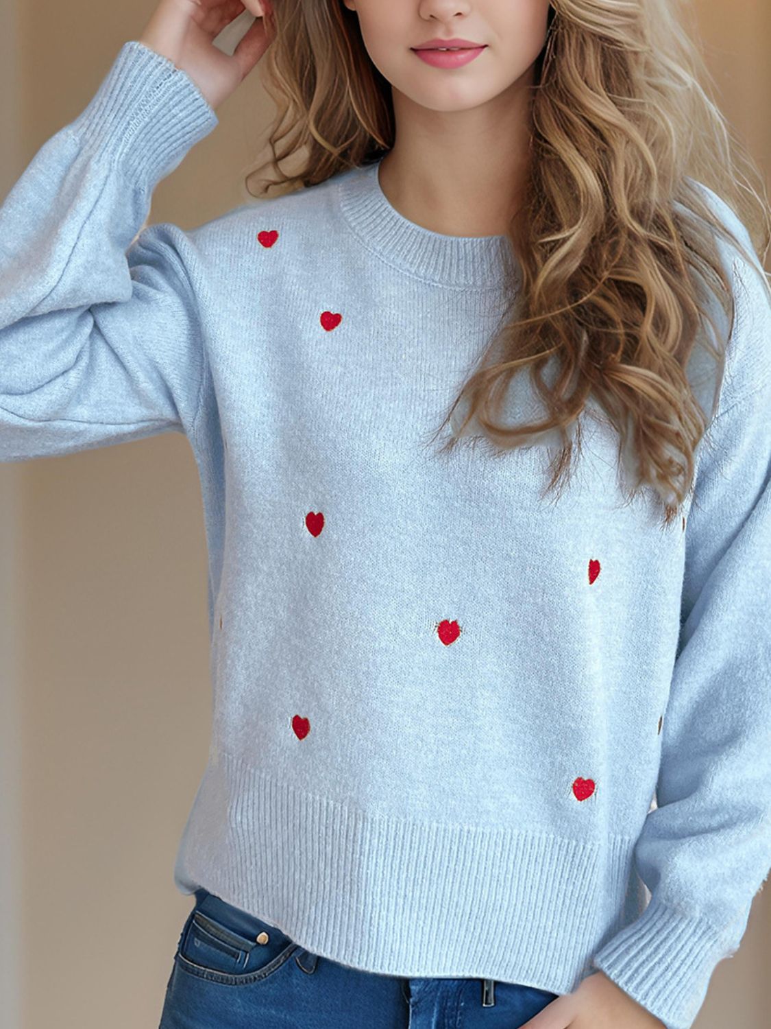 Heart Round Neck Long Sleeve Sweater-TOPS / DRESSES-[Adult]-[Female]-2022 Online Blue Zone Planet