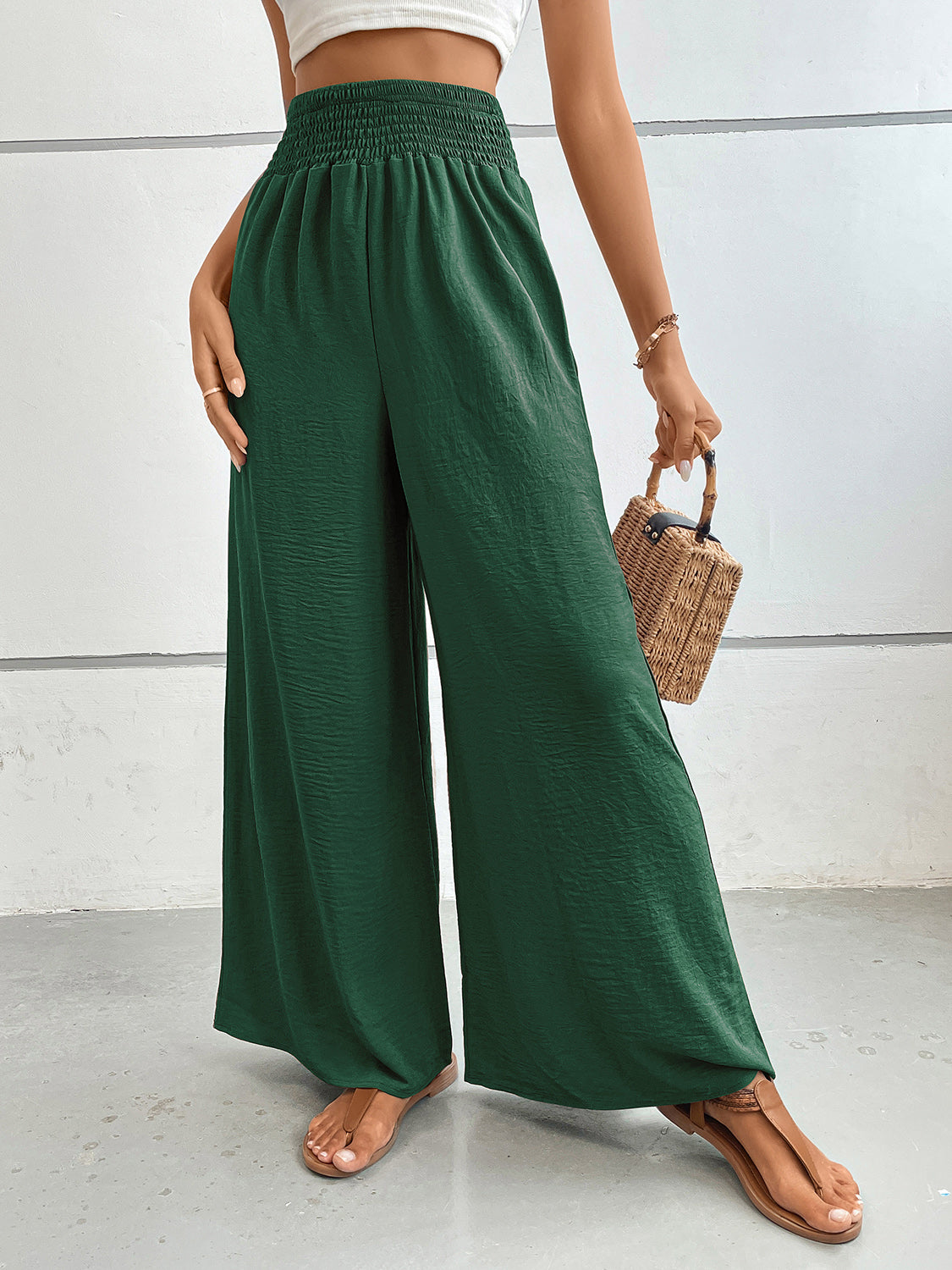 Blue Zone Planet | Perfee Wide Leg Pants with Pockets-BOTTOM SIZES SMALL MEDIUM LARGE-[Adult]-[Female]-Dark Green-S-2022 Online Blue Zone Planet