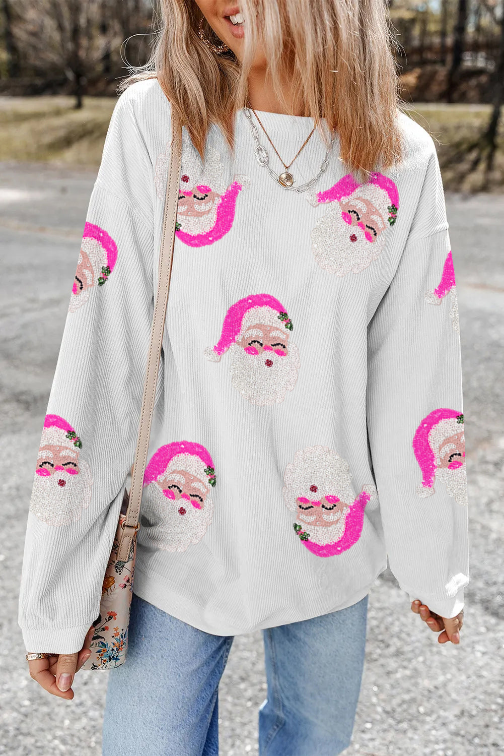 Blue Zone Planet | White Sequin Santa Claus Ribbed Oversized Graphic Sweatshirt-Graphic Sweatshirts-[Adult]-[Female]-2022 Online Blue Zone Planet