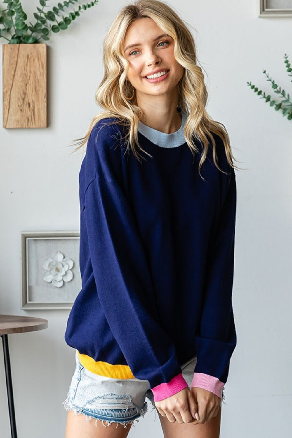 First Love Contrast Ribbed Round Neck Long Sleeve Sweater-TOPS / DRESSES-[Adult]-[Female]-2022 Online Blue Zone Planet