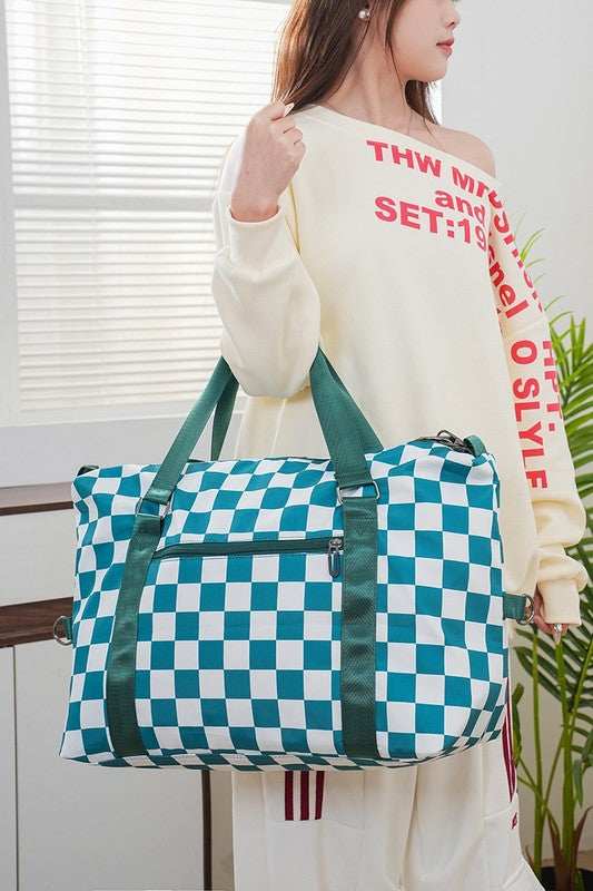 Zenana Checkered Multi-Pocket Travel Bag-HANDBAGS-[Adult]-[Female]-Turquoise-One Size-2022 Online Blue Zone Planet