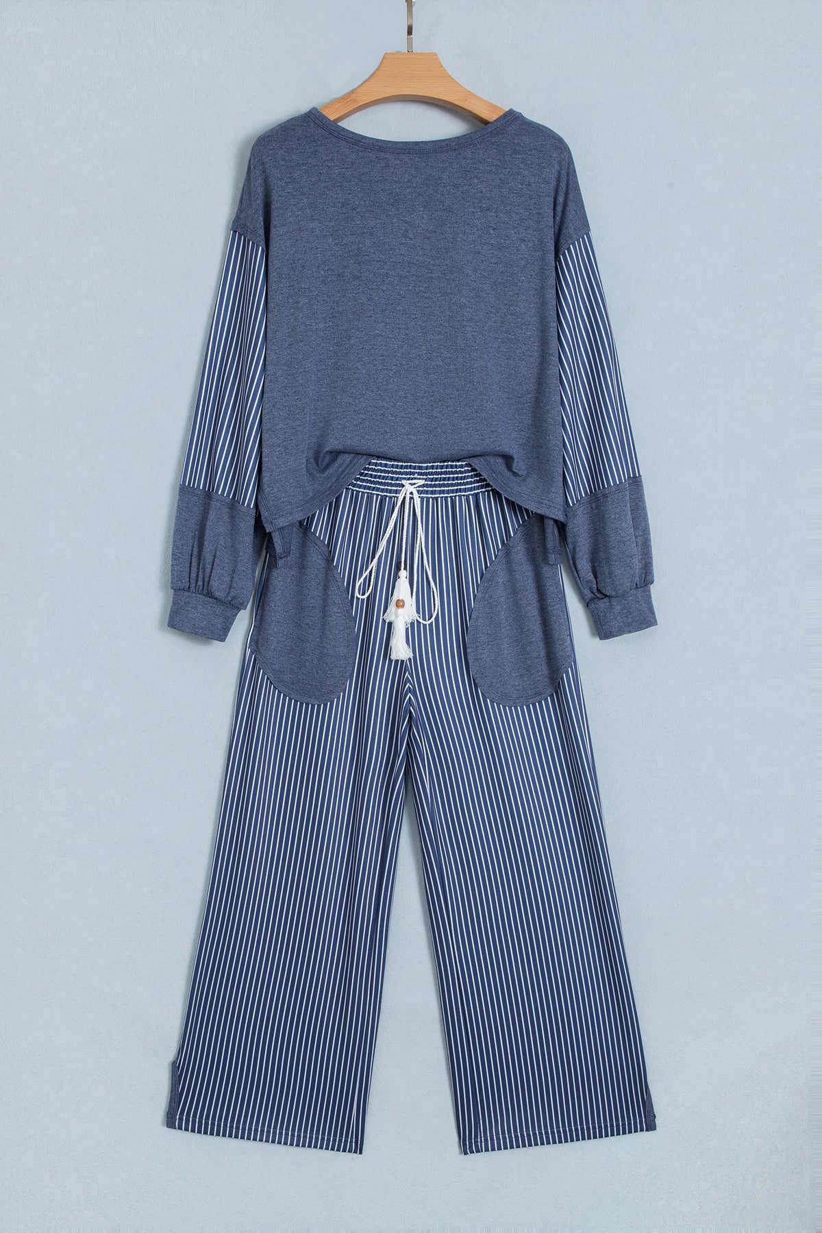 Real Teal Raw Seam Patchwork Long Sleeve Top Pocket Casual Pants 2pcs Set-Two Piece Sets/Pant Sets-[Adult]-[Female]-2022 Online Blue Zone Planet