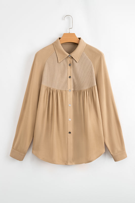 Light French Beige Waffle Patchwork Button Up Frayed Hem Shirt-Tops/Blouses & Shirts-[Adult]-[Female]-Light French Beige-S-2022 Online Blue Zone Planet