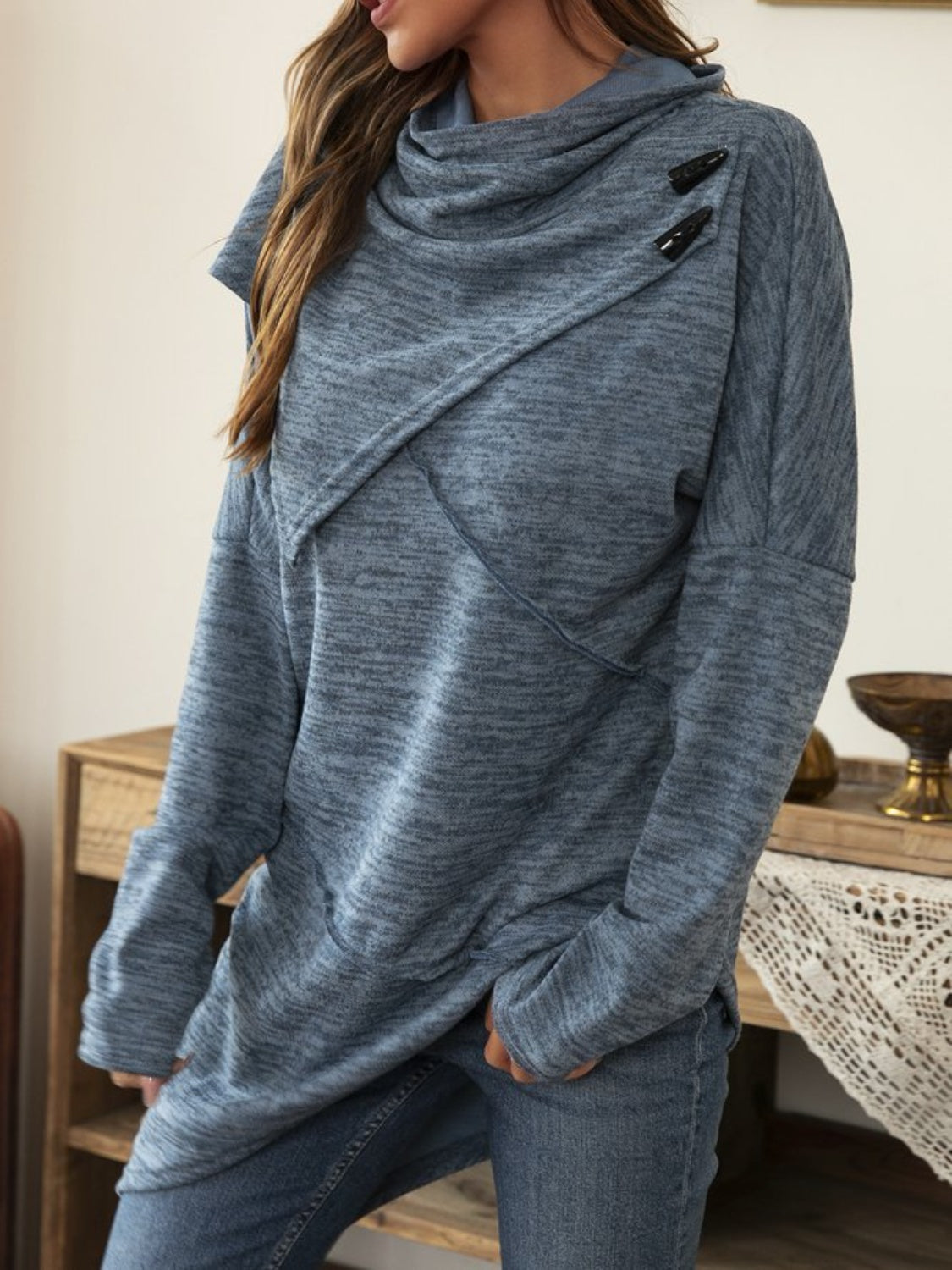 Asymmetrical Hem Cowl Neck Long Sleeve T-Shirt-TOPS / DRESSES-[Adult]-[Female]-2022 Online Blue Zone Planet