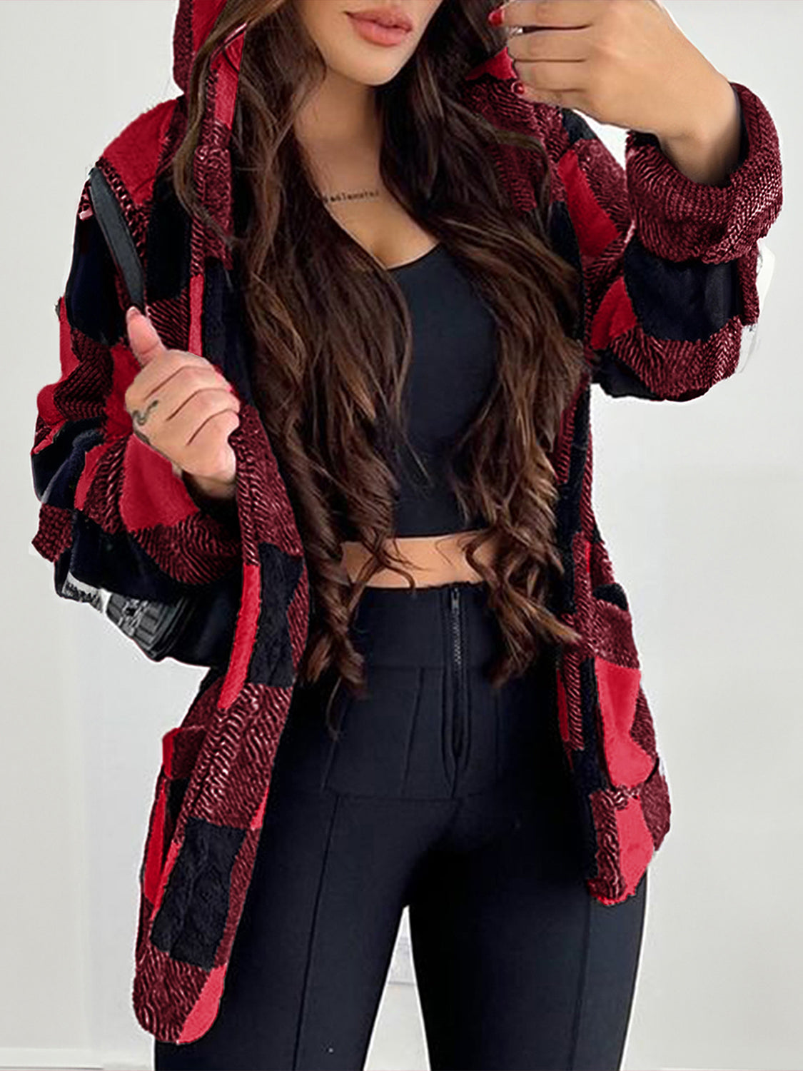 Devine Fuzzy Plaid Open Front Hooded Jacket-TOPS / DRESSES-[Adult]-[Female]-2022 Online Blue Zone Planet