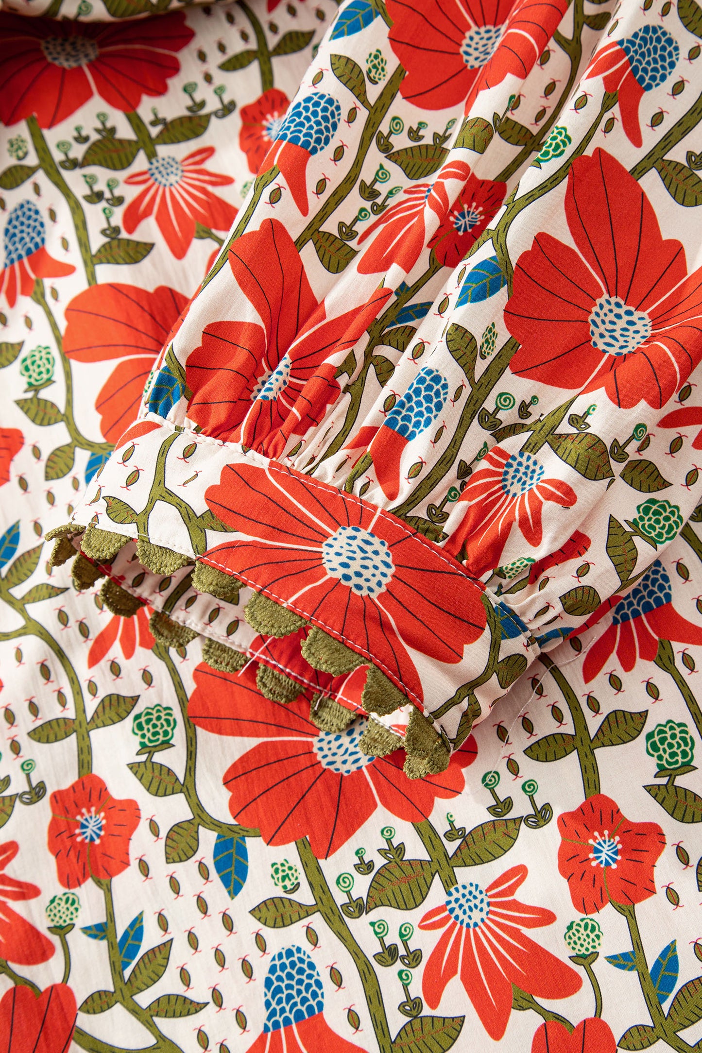 Red Floral Print Ricrac Trim V Neck 3/4 Sleeve Loose Mini Dress-TOPS / DRESSES-[Adult]-[Female]-2022 Online Blue Zone Planet