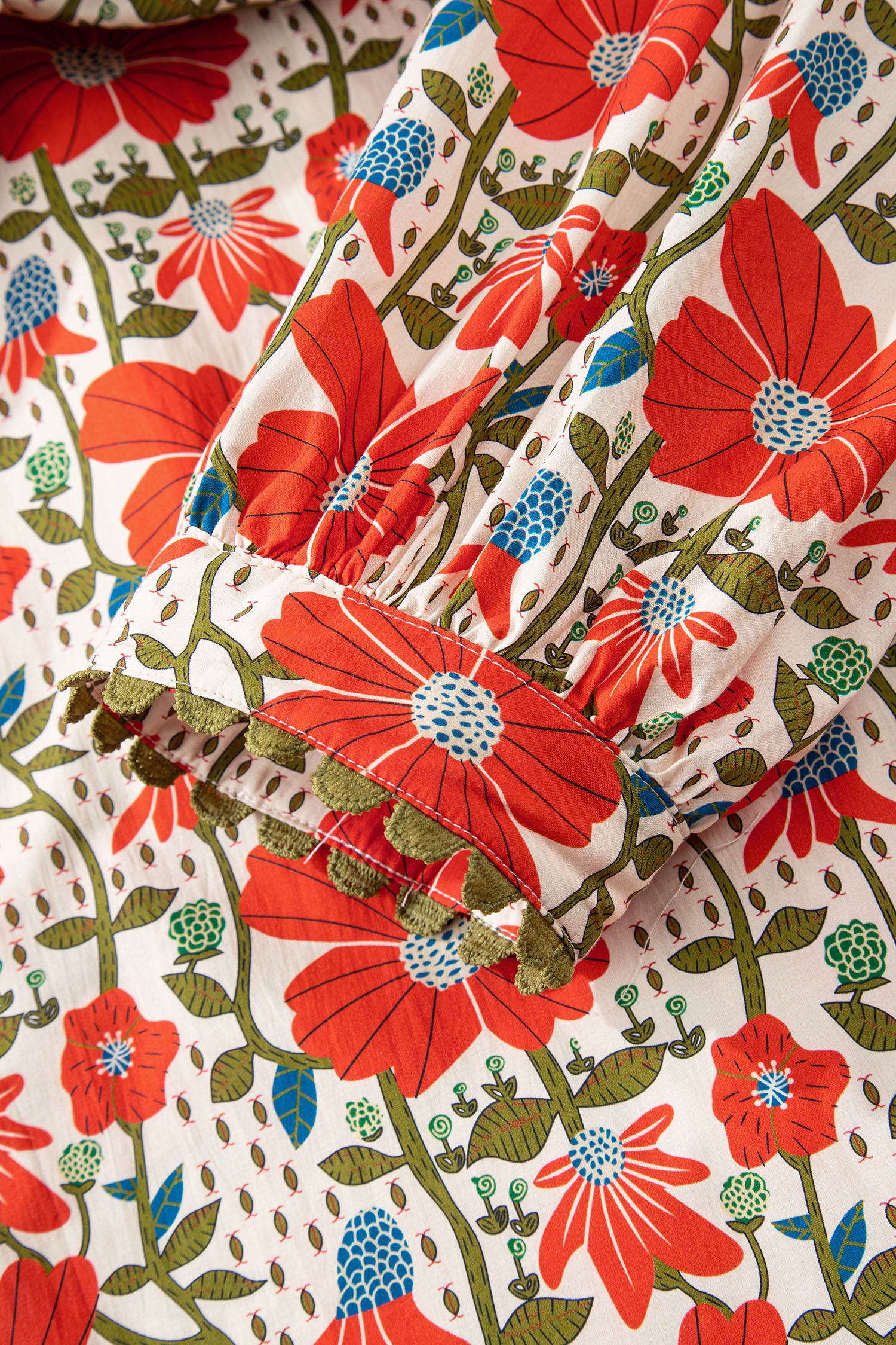 Red Floral Print Ricrac Trim V Neck 3/4 Sleeve Loose Mini Dress-TOPS / DRESSES-[Adult]-[Female]-2022 Online Blue Zone Planet