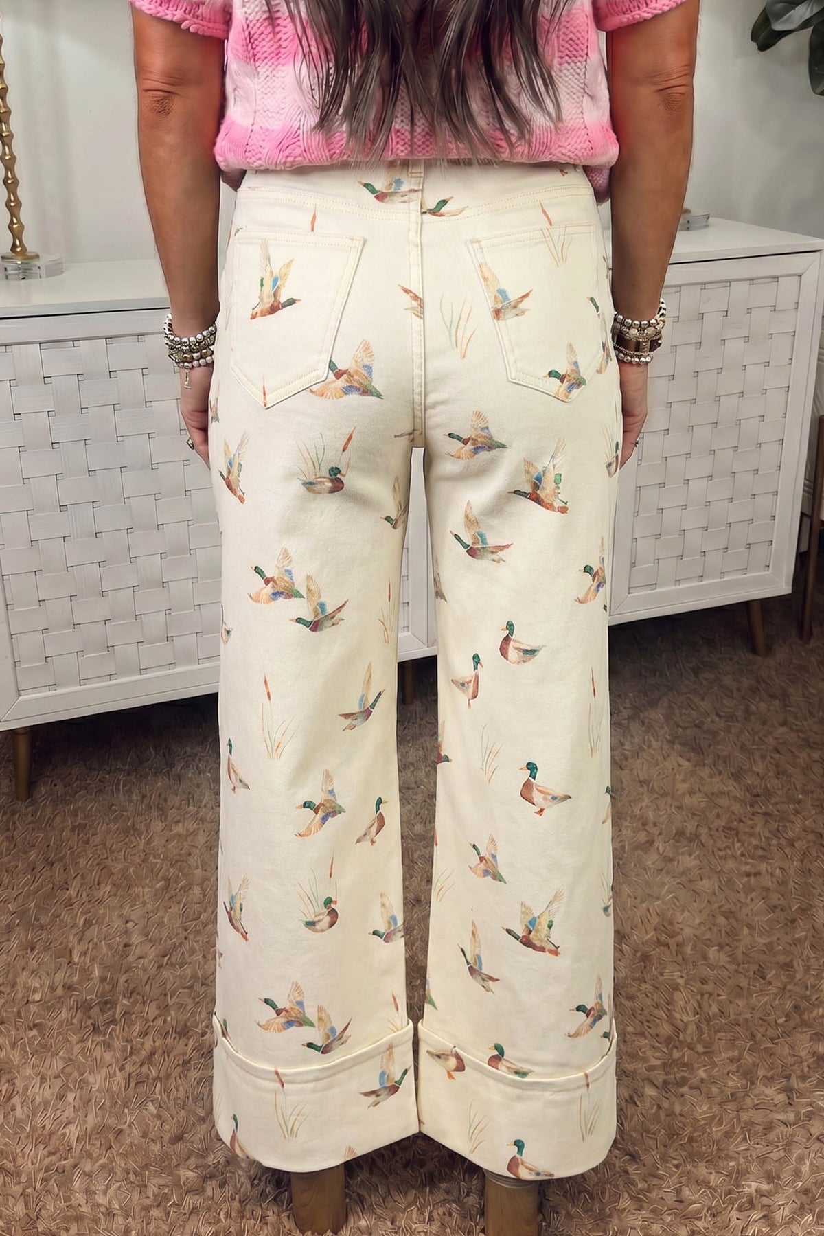 Beige Stylish Mallard Printed Cuffed Hem Shift Jeans-Bottoms/Jeans-[Adult]-[Female]-2022 Online Blue Zone Planet