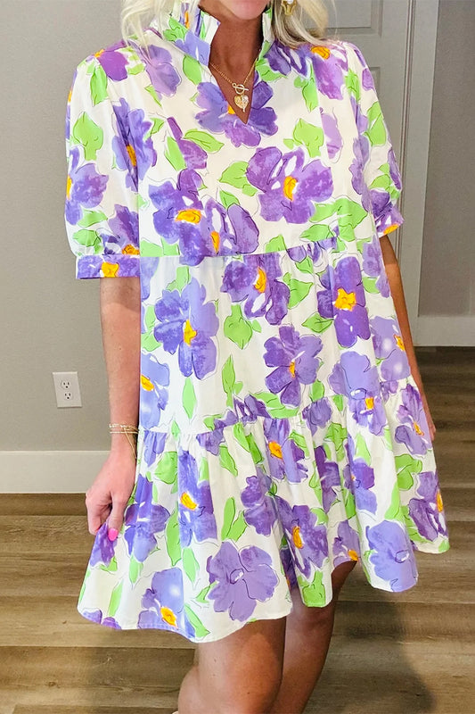 Purple Floral V Collar Short Sleeve Tiered Ruffle Mini Dress-Dresses/Mini Dresses-[Adult]-[Female]-Purple-S-2022 Online Blue Zone Planet