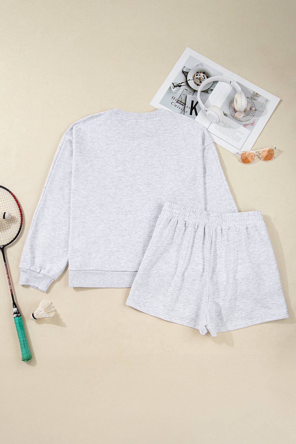 Light Grey Girly Bow Embroidered Puff Sleeve Pullover Loose Shorts Plus 2pcs Outfit-Plus Size/Plus Size Loungewear-[Adult]-[Female]-2022 Online Blue Zone Planet